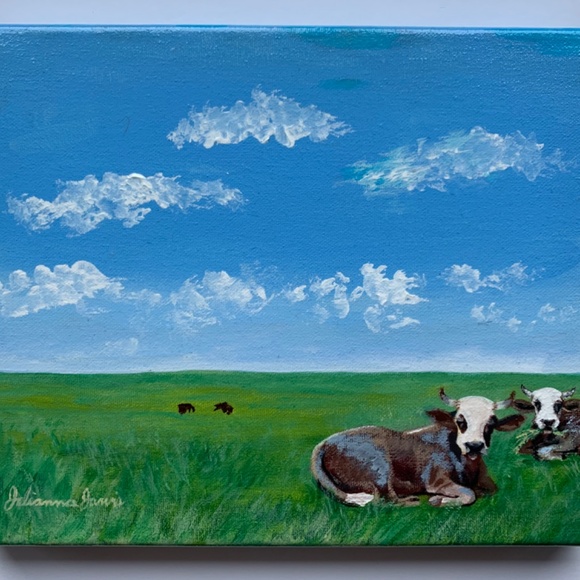 Original cows in pasture painting size 8”x10” handmade gloss varnished farm SOLD - Picture 9 of 10